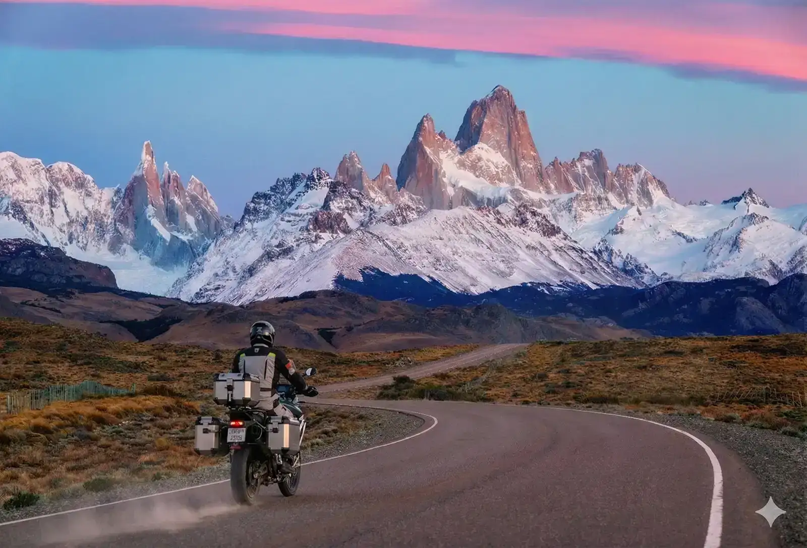 Adventure motorcycle with panniers on a paved road towards the Fitz Roy massif in Patagonia at dusk