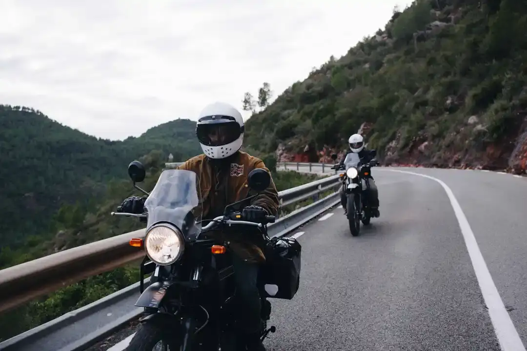 Two riders on a paved road through dense forest in the Andes